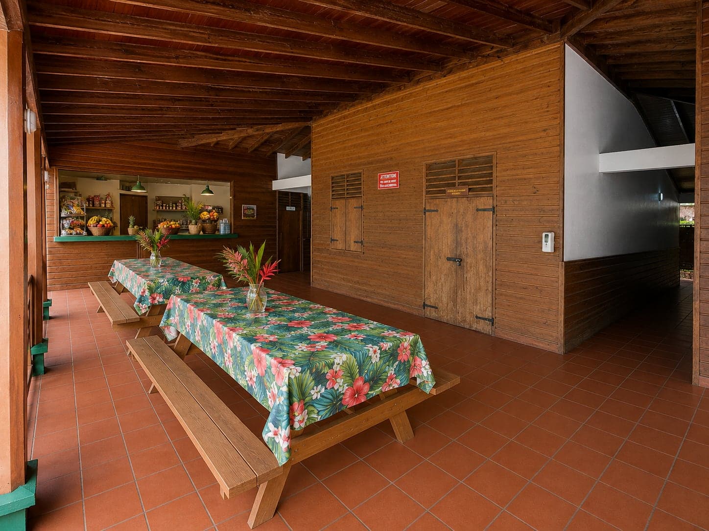 Long communal tables set with tropical cloths and heliconia