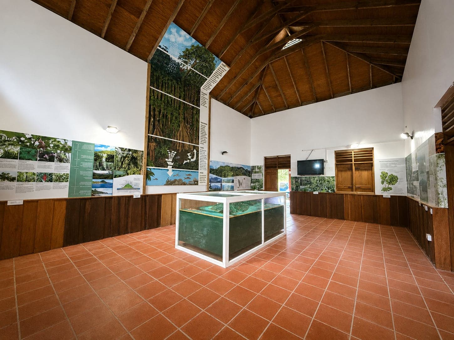 The interpretation room, under its high wooden roof