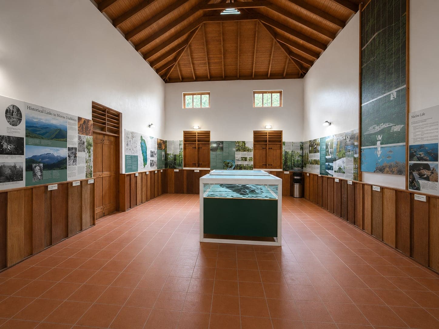 The interpretation room, its walls lined with panels on Morne Diablotins