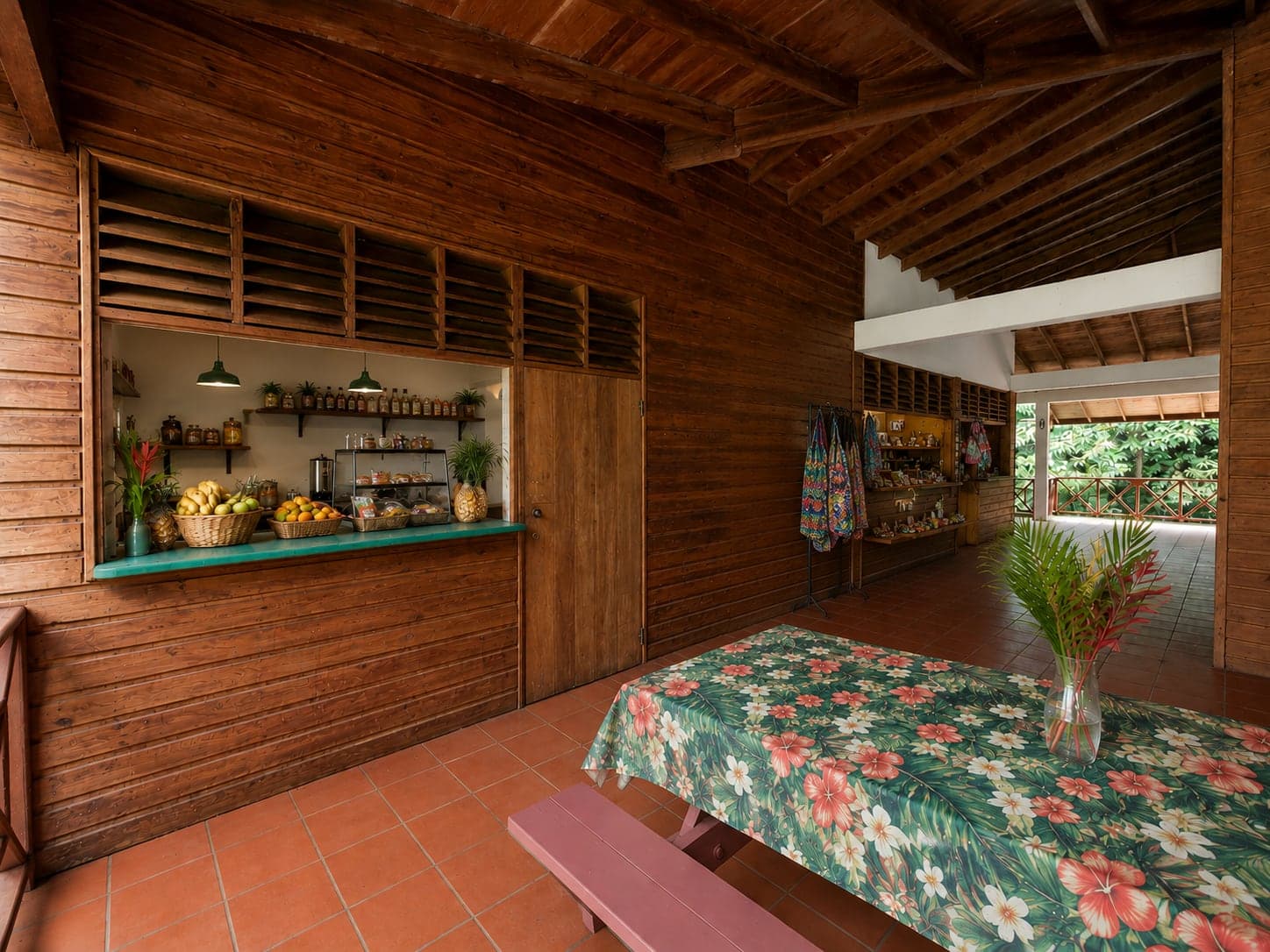The snackette counter, with fruit and preserves on the wooden bar