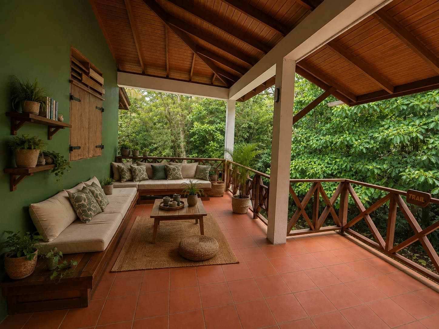 The shared terrace lounge, with cushioned benches open onto the canopy