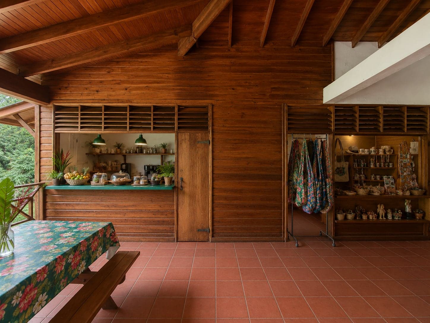 The wooden interior of the Syndicate visitor centre, with its snackette and craft shop