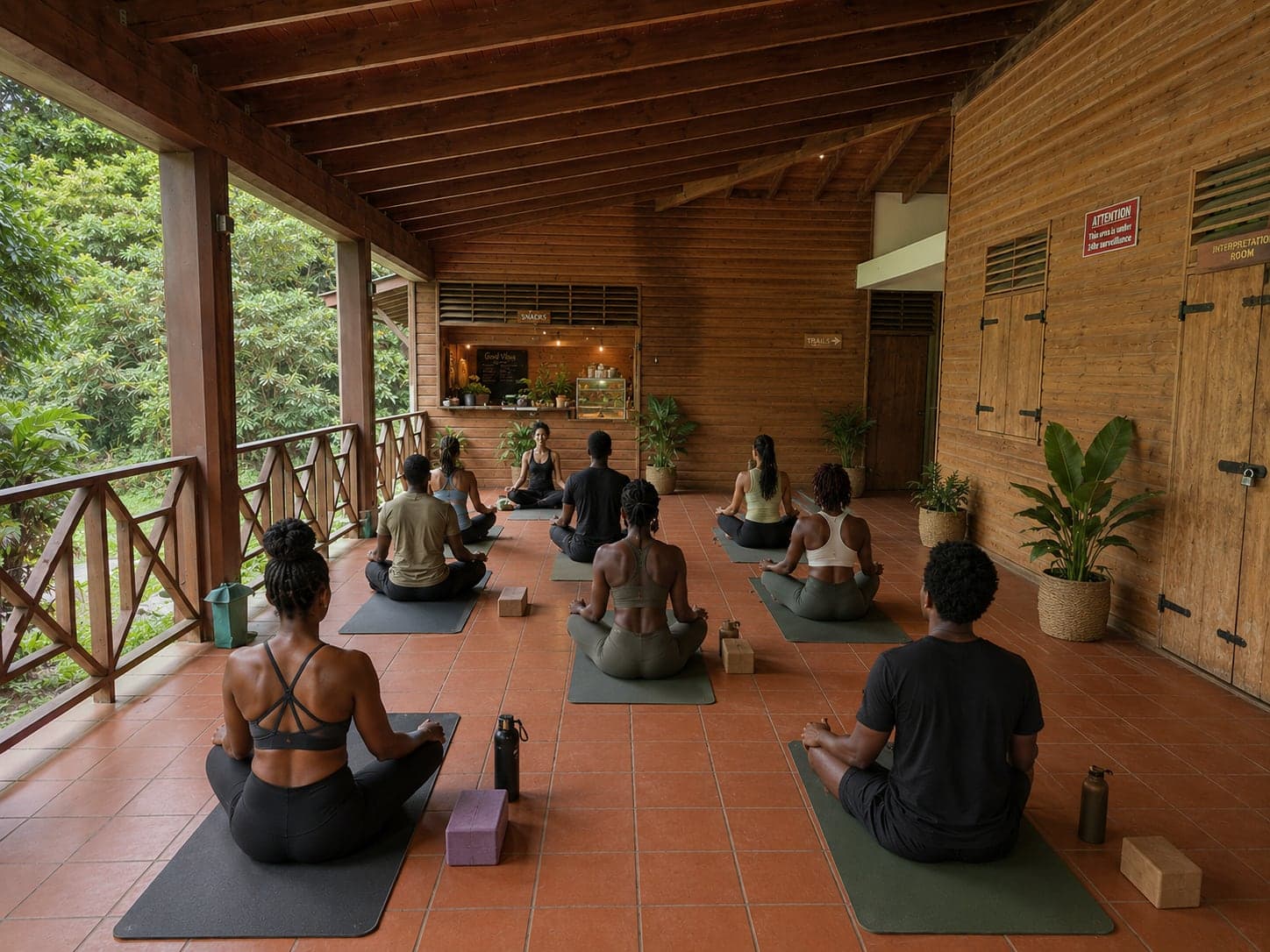 A yoga class seated on mats along the open terrace, facing the forest